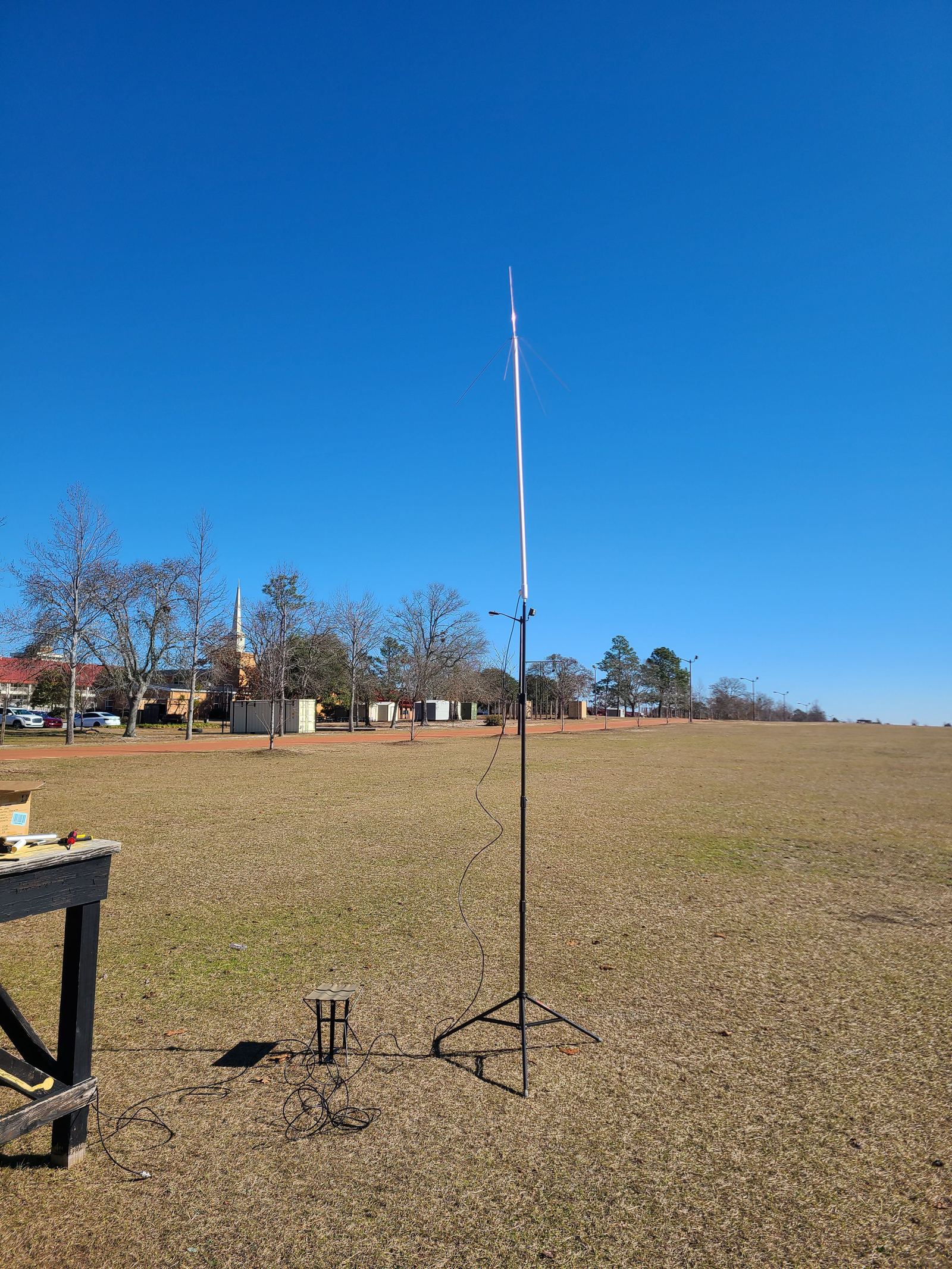 End-fed vertical antenna deployed in an open field under a blue sky